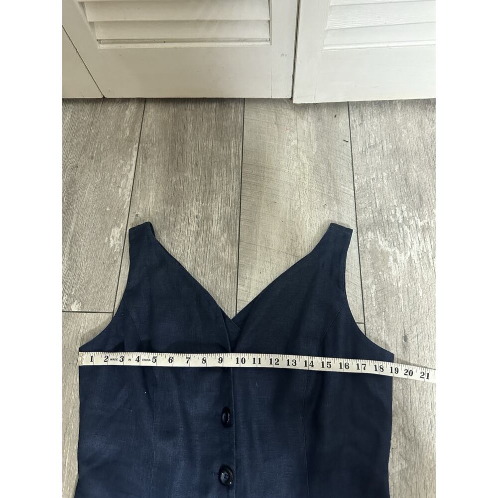 Vtg 90s Navy Blue 100% Linen Maxi Dress Button Front Open Back Resort Coastal 14 - Picture 9 of 15
